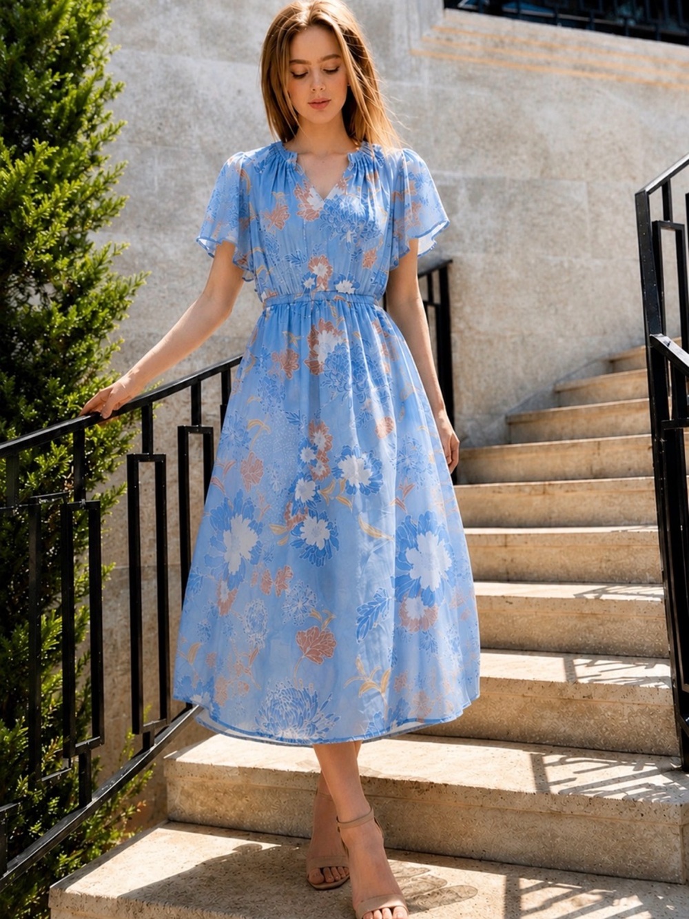 Anthropologie Dolan Left Coast Blue Floral Midi Dress M Boho Cottagecore Garden
